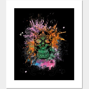 colorful skull on a paint-stained background Posters and Art